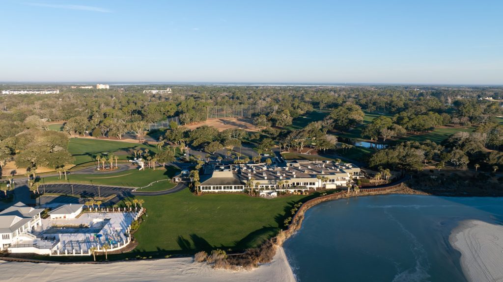 Aerial view of the Dunes Golf & Beach Club clubhouse and oceanfront in Myrtle Beach